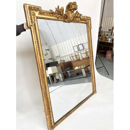 138 - OVERMANTEL MIRROR, 19th century French giltwood and gesso with scroll and foliate crest and beaded f... 