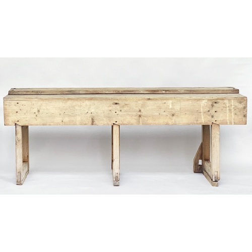 139 - WORK BENCH, vintage/early 20th century broad planked pine, 211cm x 62cm x 80cm H.