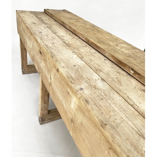 139 - WORK BENCH, vintage/early 20th century broad planked pine, 211cm x 62cm x 80cm H.