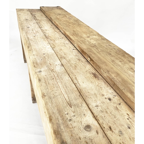 139 - WORK BENCH, vintage/early 20th century broad planked pine, 211cm x 62cm x 80cm H.