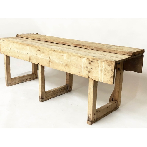 139 - WORK BENCH, vintage/early 20th century broad planked pine, 211cm x 62cm x 80cm H.