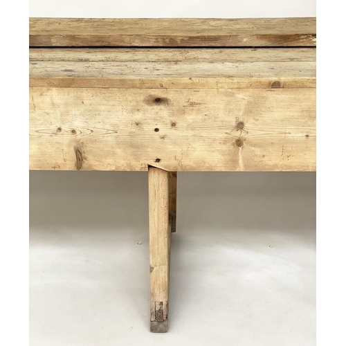 139 - WORK BENCH, vintage/early 20th century broad planked pine, 211cm x 62cm x 80cm H.