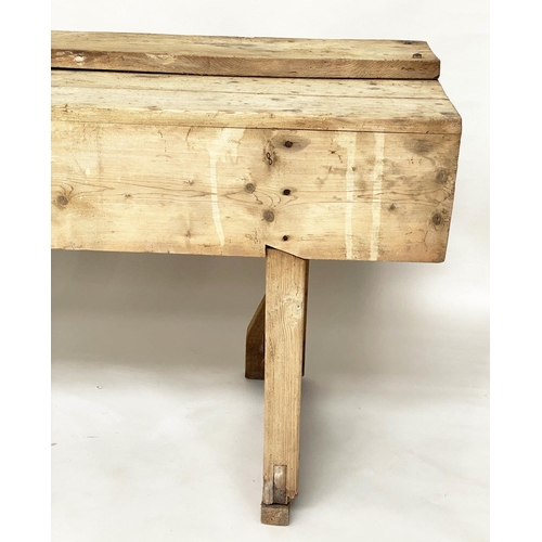 139 - WORK BENCH, vintage/early 20th century broad planked pine, 211cm x 62cm x 80cm H.