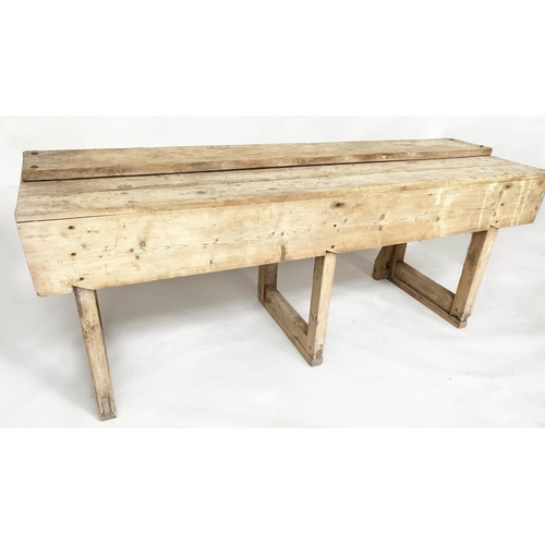 139 - WORK BENCH, vintage/early 20th century broad planked pine, 211cm x 62cm x 80cm H.