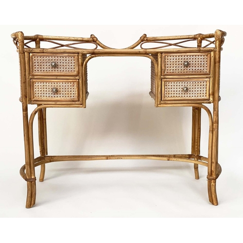 140 - BAMBOO SIDE TABLE, 1970's bamboo framed, wicker panelled and cane bound with four drawers, 110cm x 4... 