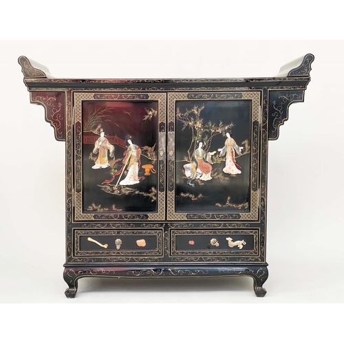 141 - CHINESE SIDE CABINET, early 20th century lacquered, gilt Chinoiserie decorated and stone mounted wit... 