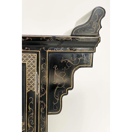 141 - CHINESE SIDE CABINET, early 20th century lacquered, gilt Chinoiserie decorated and stone mounted wit... 