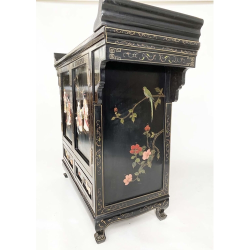 141 - CHINESE SIDE CABINET, early 20th century lacquered, gilt Chinoiserie decorated and stone mounted wit... 