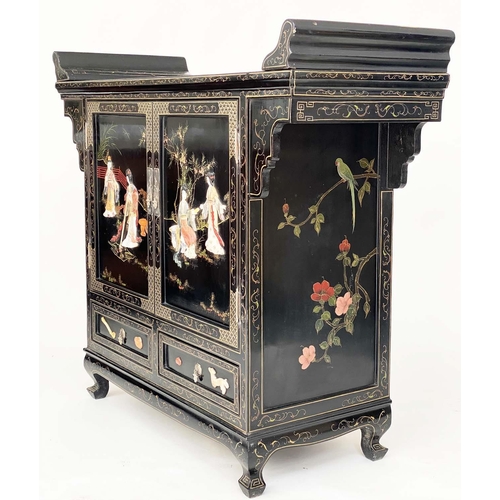 141 - CHINESE SIDE CABINET, early 20th century lacquered, gilt Chinoiserie decorated and stone mounted wit... 