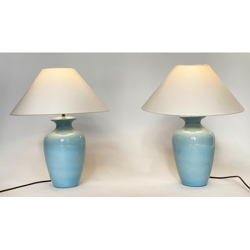 145 - TABLE LAMPS, a pair, pale blue ceramic vase form with shades, 54cm H. (2)