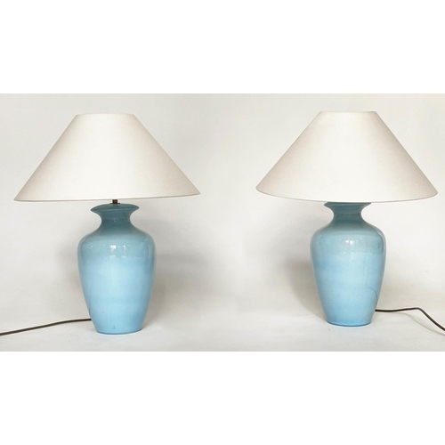 145 - TABLE LAMPS, a pair, pale blue ceramic vase form with shades, 54cm H. (2)