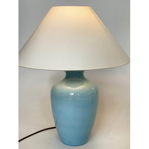 145 - TABLE LAMPS, a pair, pale blue ceramic vase form with shades, 54cm H. (2)