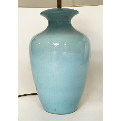 145 - TABLE LAMPS, a pair, pale blue ceramic vase form with shades, 54cm H. (2)