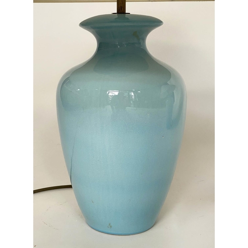 145 - TABLE LAMPS, a pair, pale blue ceramic vase form with shades, 54cm H. (2)