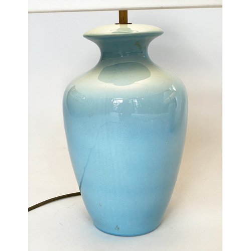 145 - TABLE LAMPS, a pair, pale blue ceramic vase form with shades, 54cm H. (2)