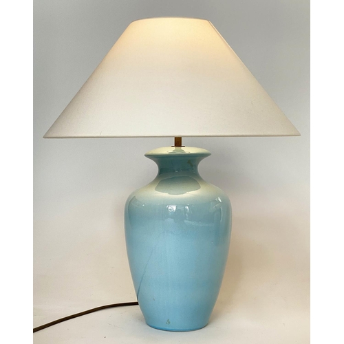 145 - TABLE LAMPS, a pair, pale blue ceramic vase form with shades, 54cm H. (2)