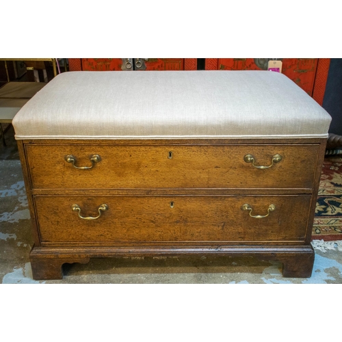 152 - BENCH, 59cm H x 93cm W x 56cm D, Georgian oak with later fawn padded seat above two drawers.