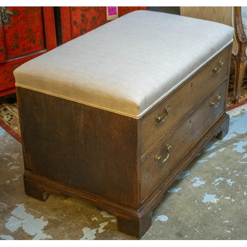 152 - BENCH, 59cm H x 93cm W x 56cm D, Georgian oak with later fawn padded seat above two drawers.