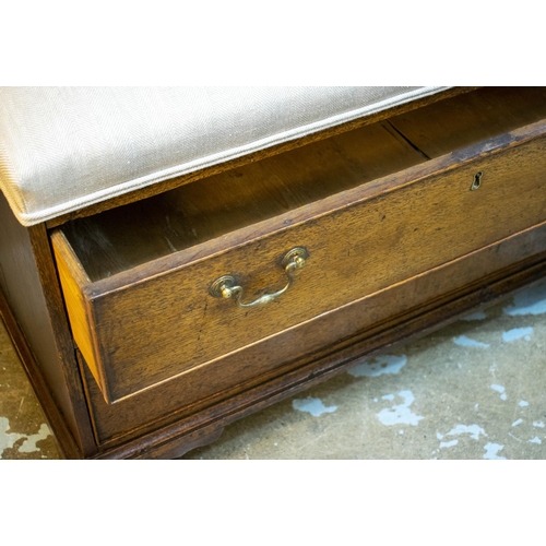 152 - BENCH, 59cm H x 93cm W x 56cm D, Georgian oak with later fawn padded seat above two drawers.