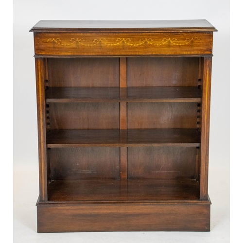 153 - OPEN BOOKCASE, 100cm H x 84cm W x 32cm D, mahogany and inlaid with two shelves.