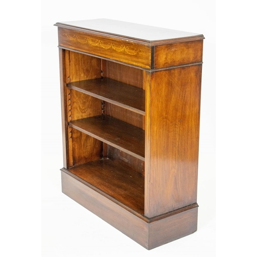 153 - OPEN BOOKCASE, 100cm H x 84cm W x 32cm D, mahogany and inlaid with two shelves.