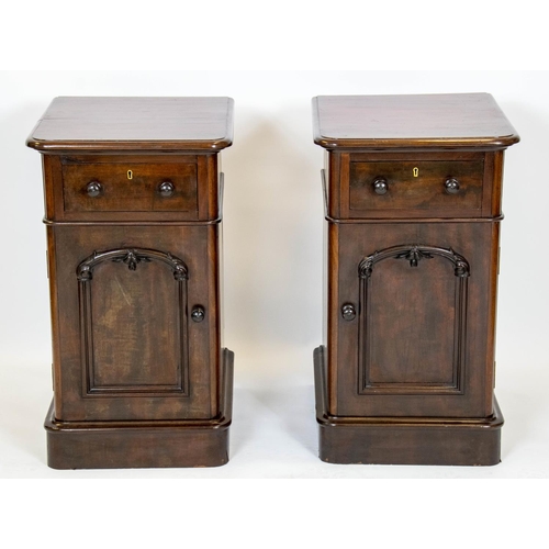 154 - BEDSIDE CABINETS, 77cm H x 45cm W x 46cm D, a pair, Victorian mahogany with drawer and door. (2)