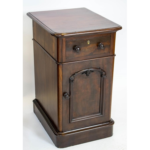 154 - BEDSIDE CABINETS, 77cm H x 45cm W x 46cm D, a pair, Victorian mahogany with drawer and door. (2)