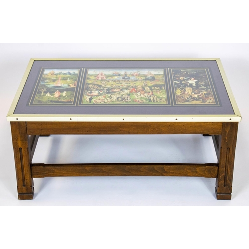 155 - LOW TABLE, 36cm H x 83cm W x 57cm D, beechwood with top depicting 'The garden of earthly delights' b... 