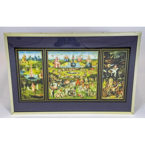 155 - LOW TABLE, 36cm H x 83cm W x 57cm D, beechwood with top depicting 'The garden of earthly delights' b... 