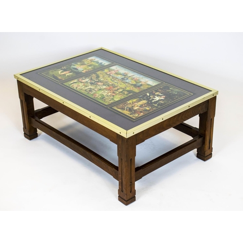 155 - LOW TABLE, 36cm H x 83cm W x 57cm D, beechwood with top depicting 'The garden of earthly delights' b... 