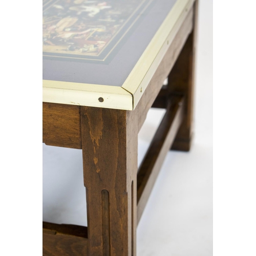 155 - LOW TABLE, 36cm H x 83cm W x 57cm D, beechwood with top depicting 'The garden of earthly delights' b... 