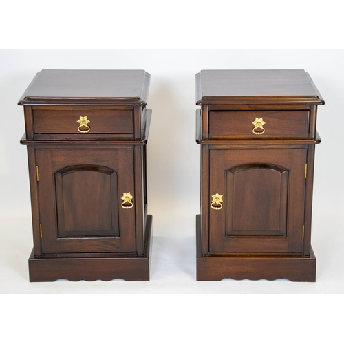 156 - BEDSIDE CABINETS, 65cm  x 40cm W x 41cm D, a pair, mahogany, each with drawer and door. (2)