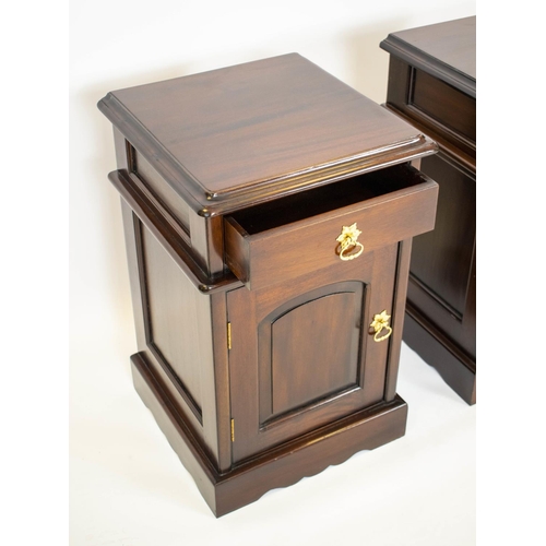 156 - BEDSIDE CABINETS, 65cm  x 40cm W x 41cm D, a pair, mahogany, each with drawer and door. (2)