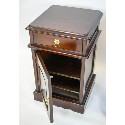 156 - BEDSIDE CABINETS, 65cm  x 40cm W x 41cm D, a pair, mahogany, each with drawer and door. (2)