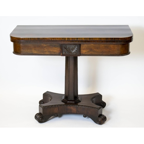 159 - CARD TABLE, 71cm H x 92cm W x 45cm D, George IV rosewood circa 1830, with foldover top on brass cast... 