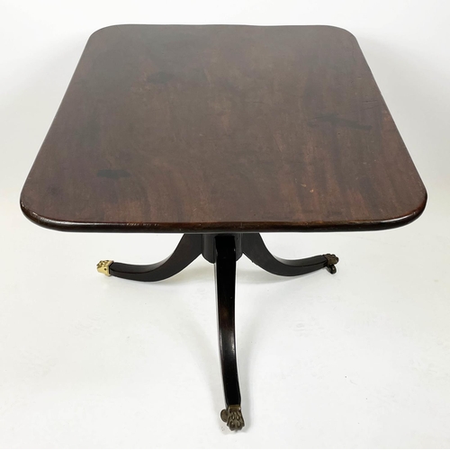 163 - TILT TOP TABLE, Regency mahogany on turned column with three splayed legs on brass castors, 93cm L x... 