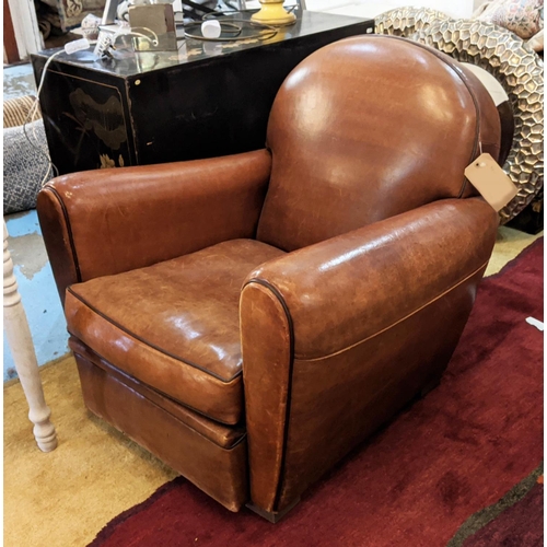 164 - CLUB ARMCHAIR, 80cm W x 77cm H, Art Deco design brown leather.