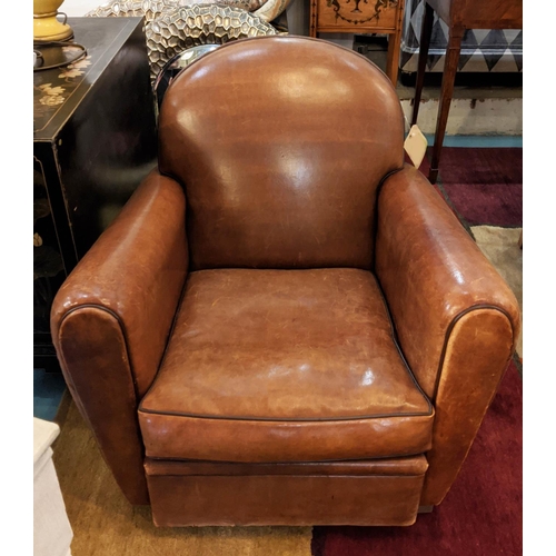 164 - CLUB ARMCHAIR, 80cm W x 77cm H, Art Deco design brown leather.