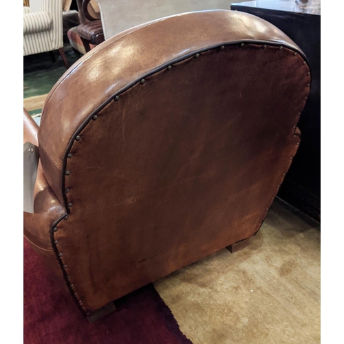 164 - CLUB ARMCHAIR, 80cm W x 77cm H, Art Deco design brown leather.