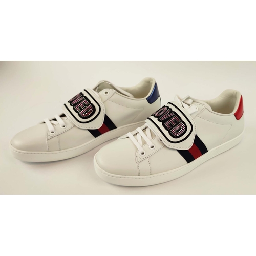 17 - GUCCI TRAINERS, with 'Loved' imprinted on removable strap, with box, size 39 1/2.