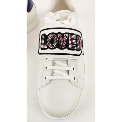 17 - GUCCI TRAINERS, with 'Loved' imprinted on removable strap, with box, size 39 1/2.