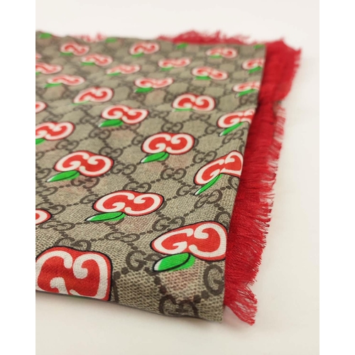 19 - GUCCI SHAWL/LARGE SCARF, 140cm x 140cm, silk modal, monogram and iconic apple cartoon throughout wit... 