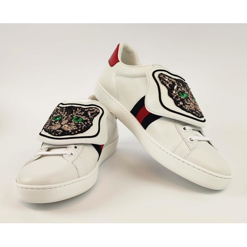 22 - GUCCI TRAINERS ACE SNEAKERS, removable 'cat' strap, low top with a lace up closure, contrasting heel... 