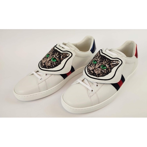 22 - GUCCI TRAINERS ACE SNEAKERS, removable 'cat' strap, low top with a lace up closure, contrasting heel... 