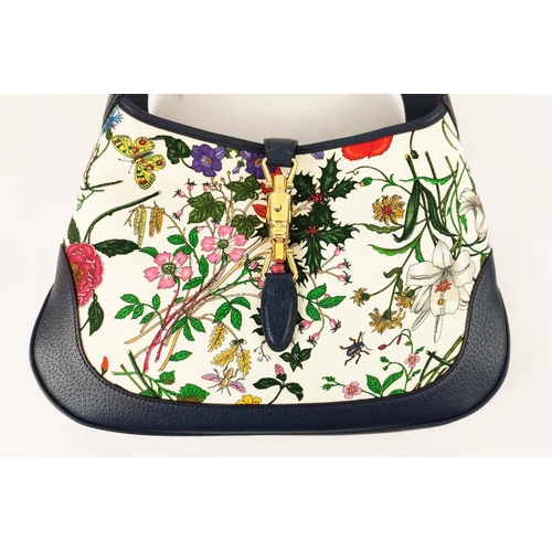 27 - GUCCI JACKIE FLORA HOBO BAG, fabric floral pattern by Vittorio Accornero and navy blue leather adjus... 