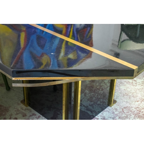 283 - DINING TABLE, 76cm H x 136cm W, black lacquer and brass with octagonal top.