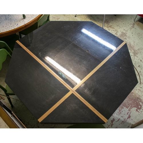 283 - DINING TABLE, 76cm H x 136cm W, black lacquer and brass with octagonal top.