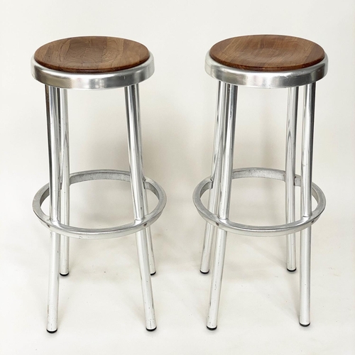 286 - BAR STOOLS, a pair, aluminium and teak, 81cm H. (2)