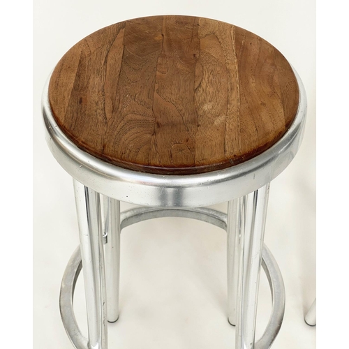 286 - BAR STOOLS, a pair, aluminium and teak, 81cm H. (2)