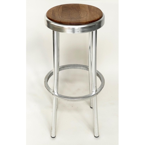 286 - BAR STOOLS, a pair, aluminium and teak, 81cm H. (2)